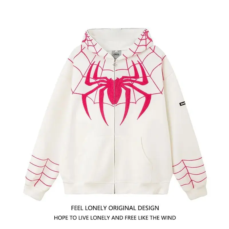 Retro Spider Embroidery Hoodie Zipper Cardigan Men's Women's Large Size Trendy Brand Outerwear Street Style Cotton Polyester