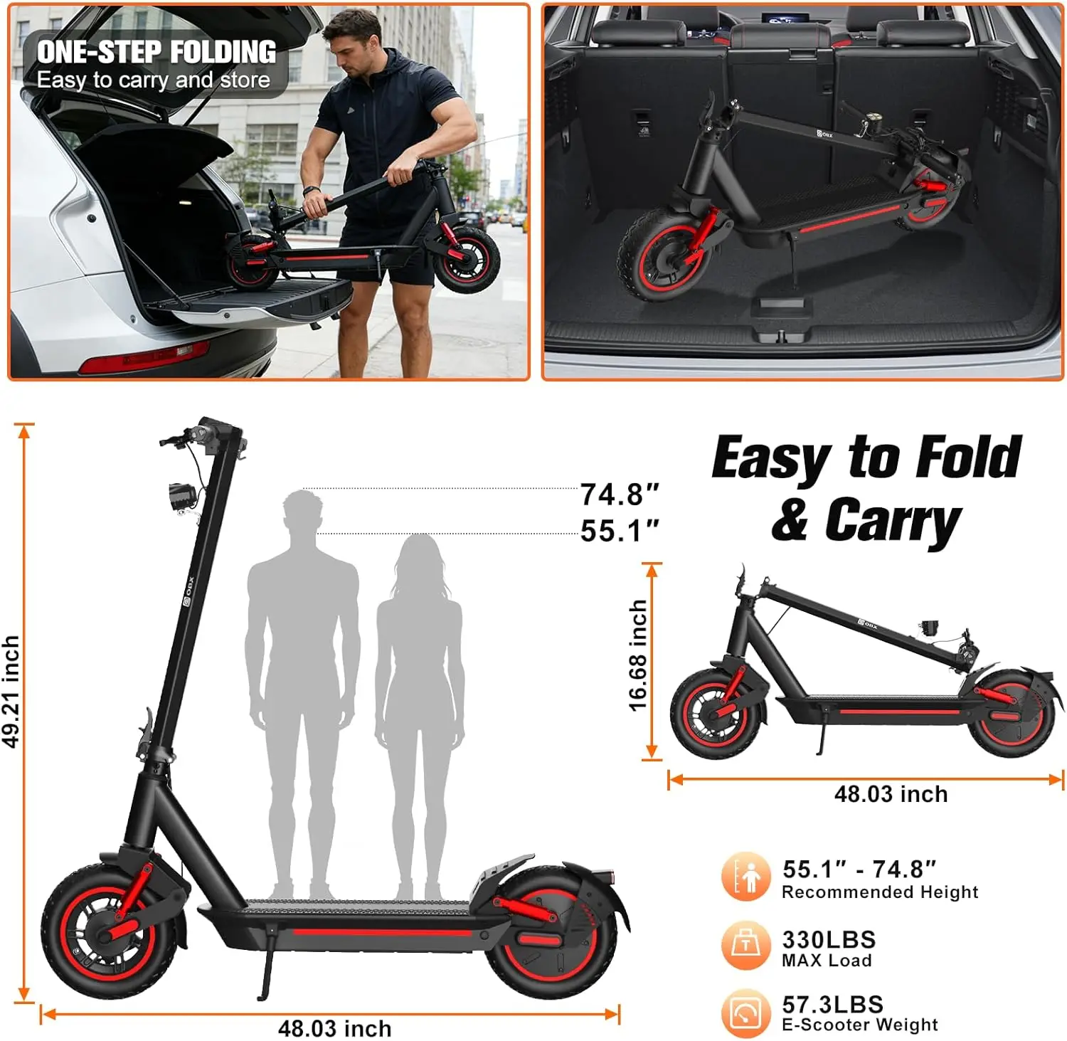 OBX Electric Scooter 1200W Motor for Adults 48V Battery 30mph Max Speed Up to 35Miles Range 10 Inch Tires - Image 8