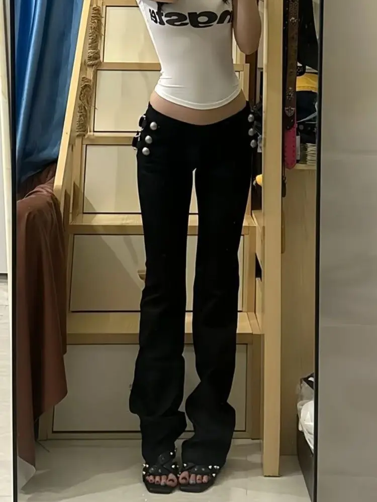 Y2K Black Micro Flare Pants Women Low Waist Slim Button Detailed Side Zipper Fashion Gothic Trendy Casual Pants - Image 4