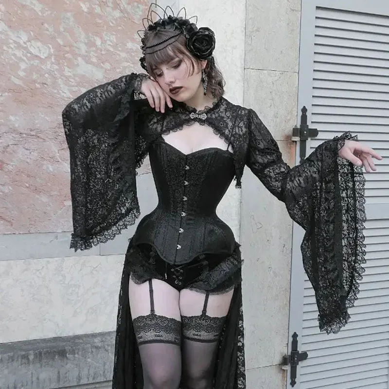 Lace Mall Gothic See Through Shrug Tops Grunge Aesthetic Black Flare Sleeve Crop Top Women Vintage Punk Sexy Clothing - Image 2