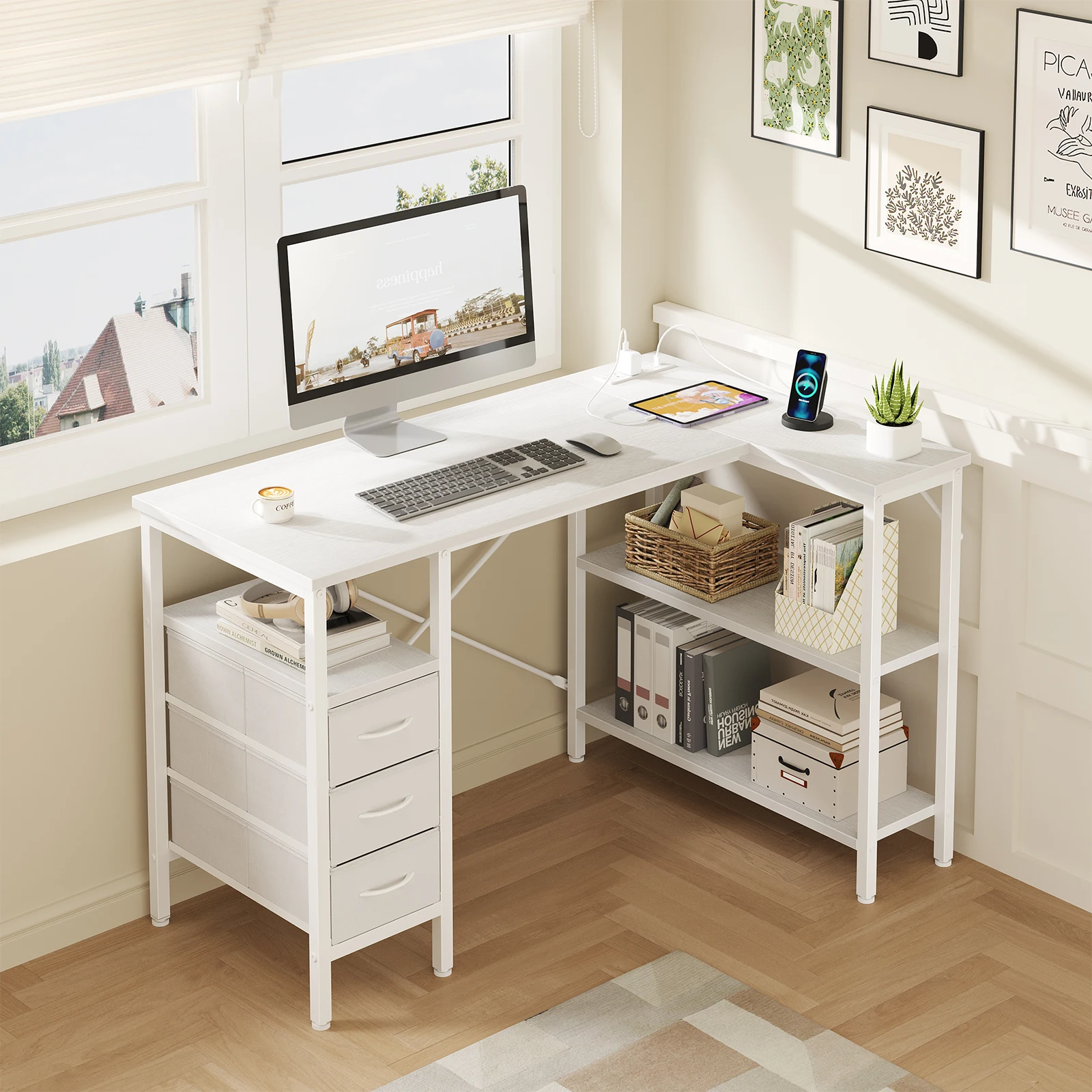 MCQ 47 Inch L Shaped Standing Office Desk with 3 Fabric Drawers Ergonomic Adjustable Storage Shelf Power Outlet Gaming Table for Home Office Use Workstation