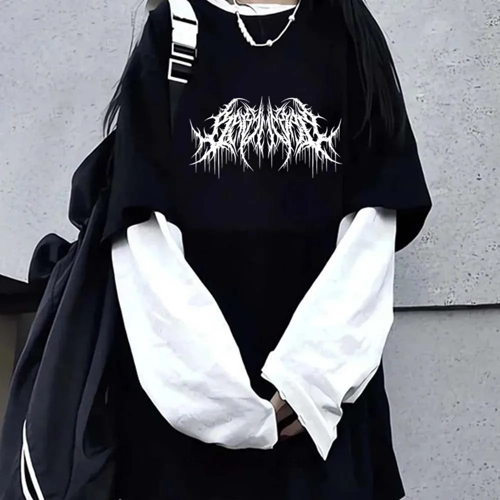 Women Line Print Graphic Fake Two Long Sleeved T-shirts Fashion Gothic Retro Casual Loose Fake Two Long Sleeved T-shirt