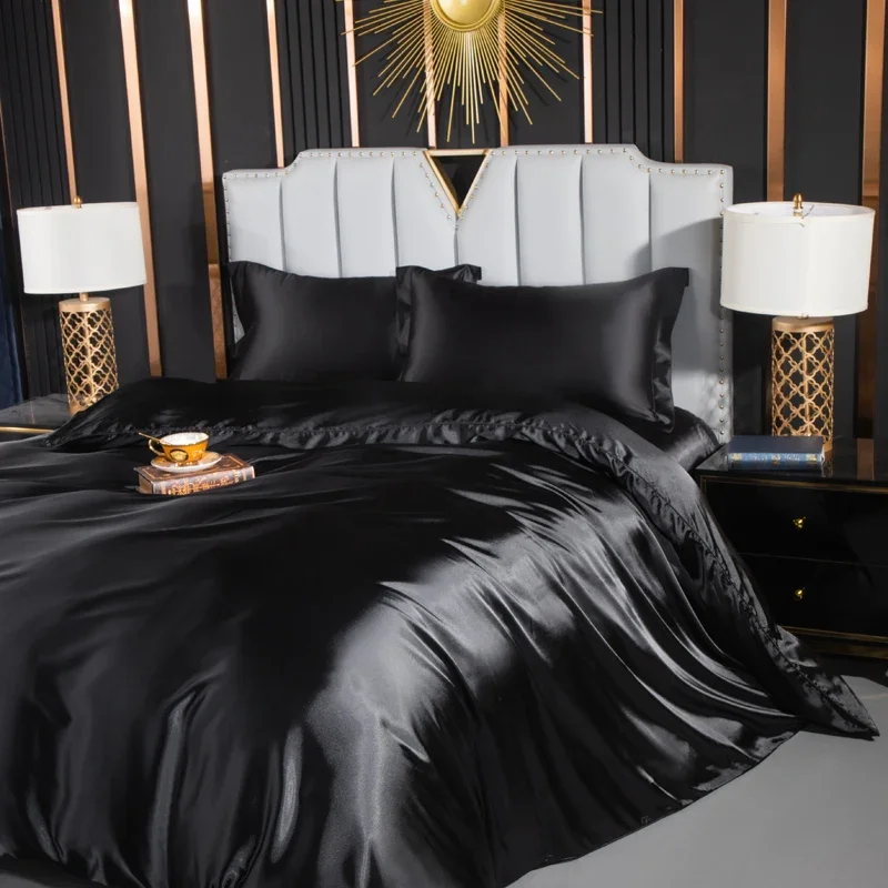 Solid Silk Bedding Set with Duvet Cover Fitted/Flat Bed Sheet Pillowcase Luxury Couple Bedsheet King Queen Double Twin Size - Image 3