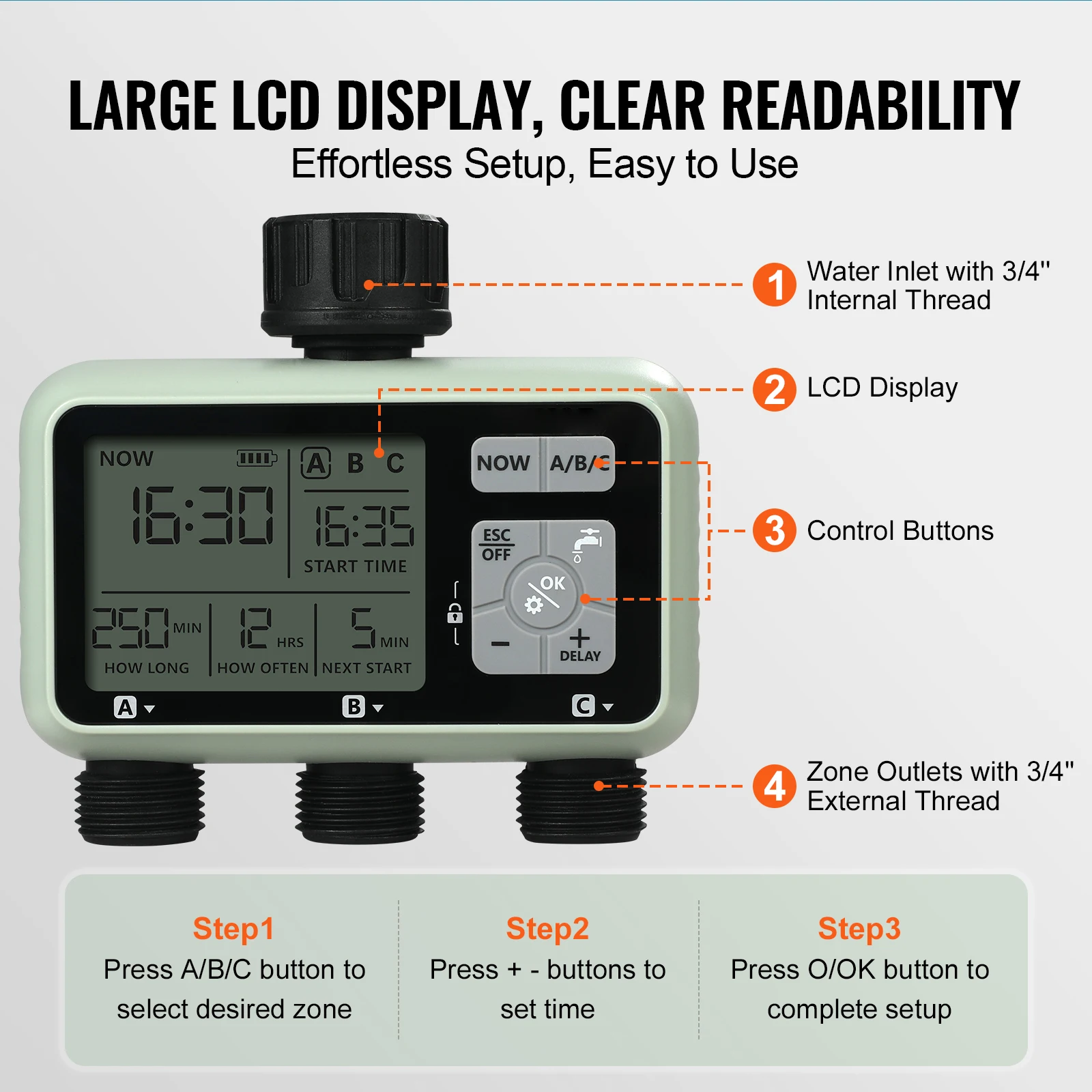 SucceBuy Water Timer 3 Outlets Hose 3 Independent Watering Zone LCD Display Rain Delay Mode Manual Mode Watering Sprinkler Timer - Image 6