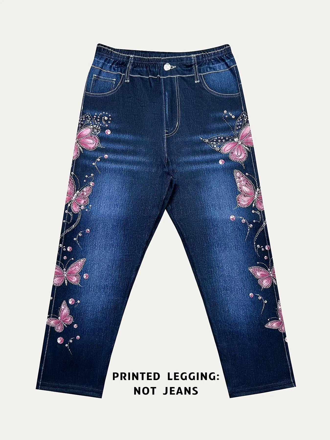 Women High Waist Slim Fit Floral Print Fake Denim 7/8 Cropped Capri Pants, Suitable For Daily Casual & Sports Wear - Image 4