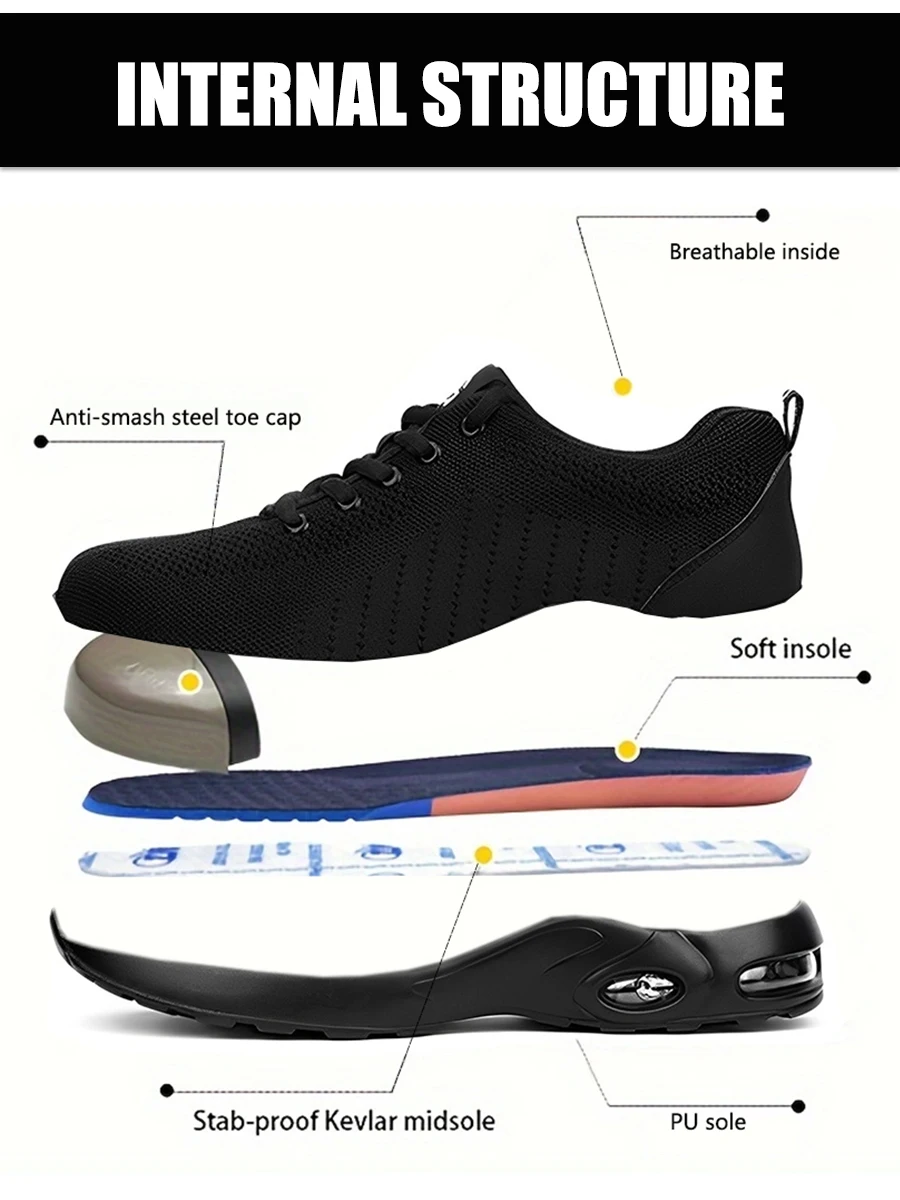 Unisex Safety Shoes Work Boots Summer Solid Color Lightweight Breathable Steel Toe Anti-Smash Indestructible Work Sneakers Puncture Proof Industrial Protective Labor Footwear For Construction Warehouse Logistics Workshop - Image 2