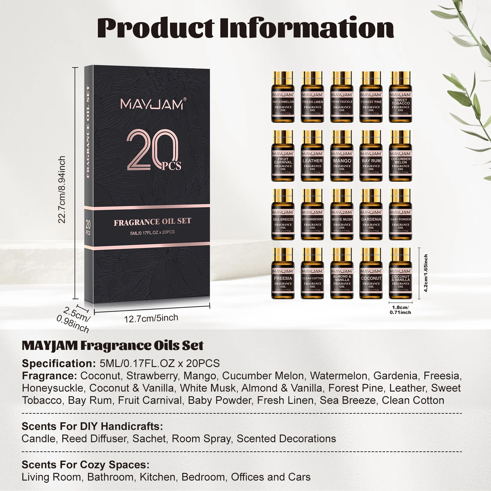 MAYJAM Fragrance Oils Kit 20pcs/set Coconut & Vanilla White Musk Watermelon Strawberry Oil for Humidifier Diffuser Candle Making - Image 2