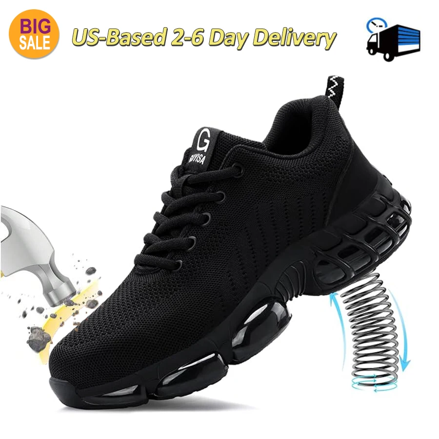 Men Safety Shoes Work Boots, Summer Solid Color Lightweight Breathable Steel Toe Anti-Smash Indestructible Tactical Work Sneakers