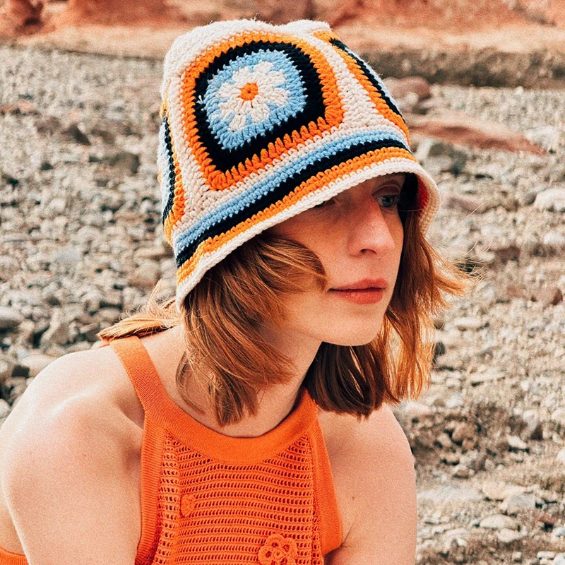 Winter Colorful Handmade Basin Hat Women Men Crochet Bucket Hat Panama Cap Rainbow Flower Knitted Hat Korean Style Beanies - Image 3