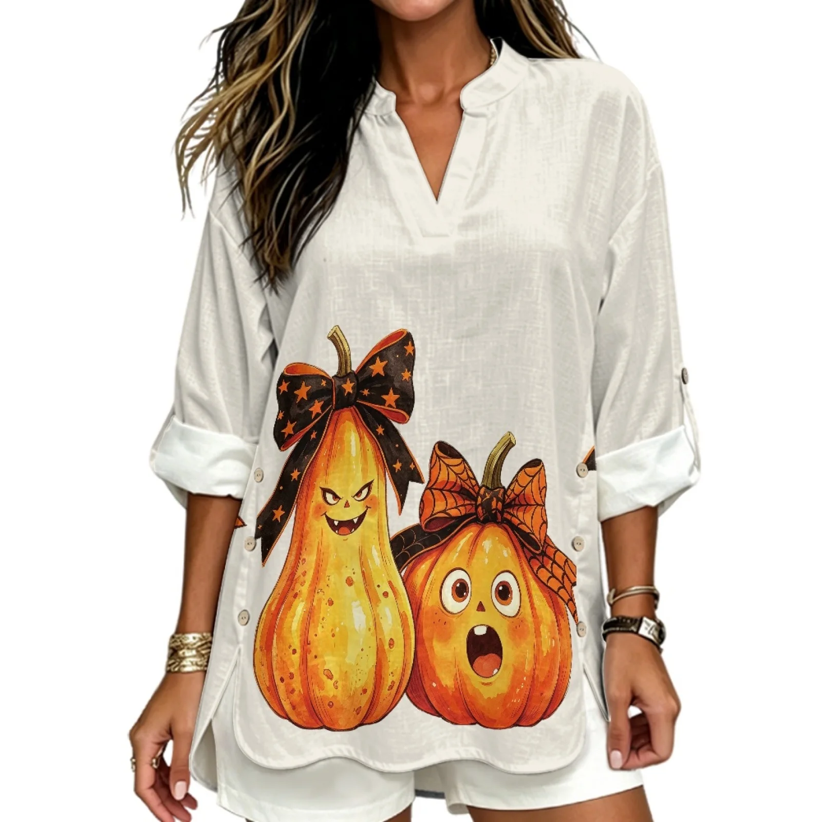 INSTANTARTS Women's Linen V-Neck Shirt Short Woman plus size clothing Sleeve T-shirts Women Poleras Blusas Autumn Solid Color