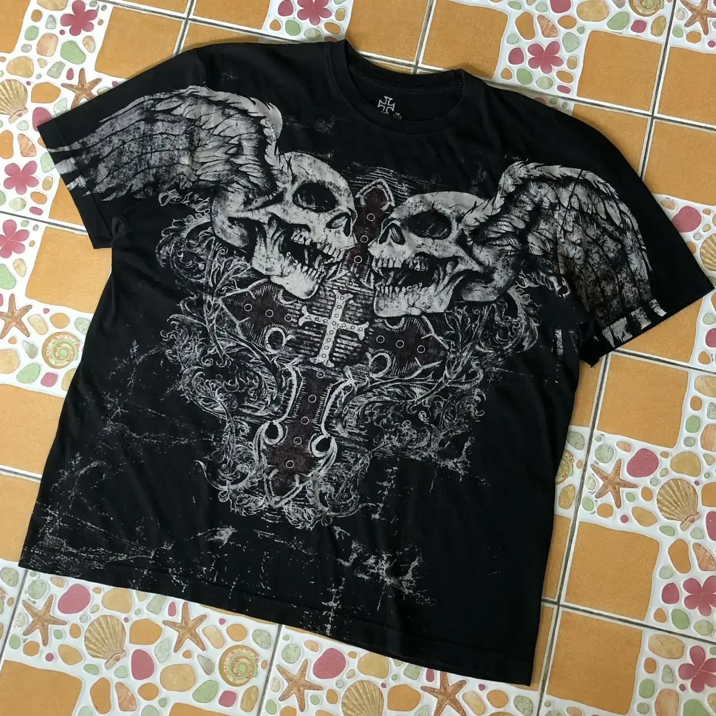 90s Skeleton Cross Wing High Quality Style Streetwear Tee Gothic Skull Cross Print Trendy Graphic T-shirts - Image 6