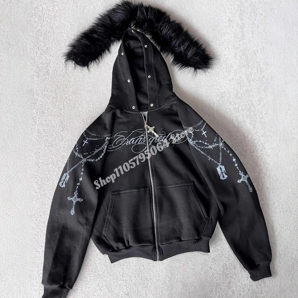 American Style Retro Fashion Streetwear Women's Gothic Punk Faux Fur Hooded Jacket Cross Print Trendy Edgy Zip - Up Sweatshirt - Image 2
