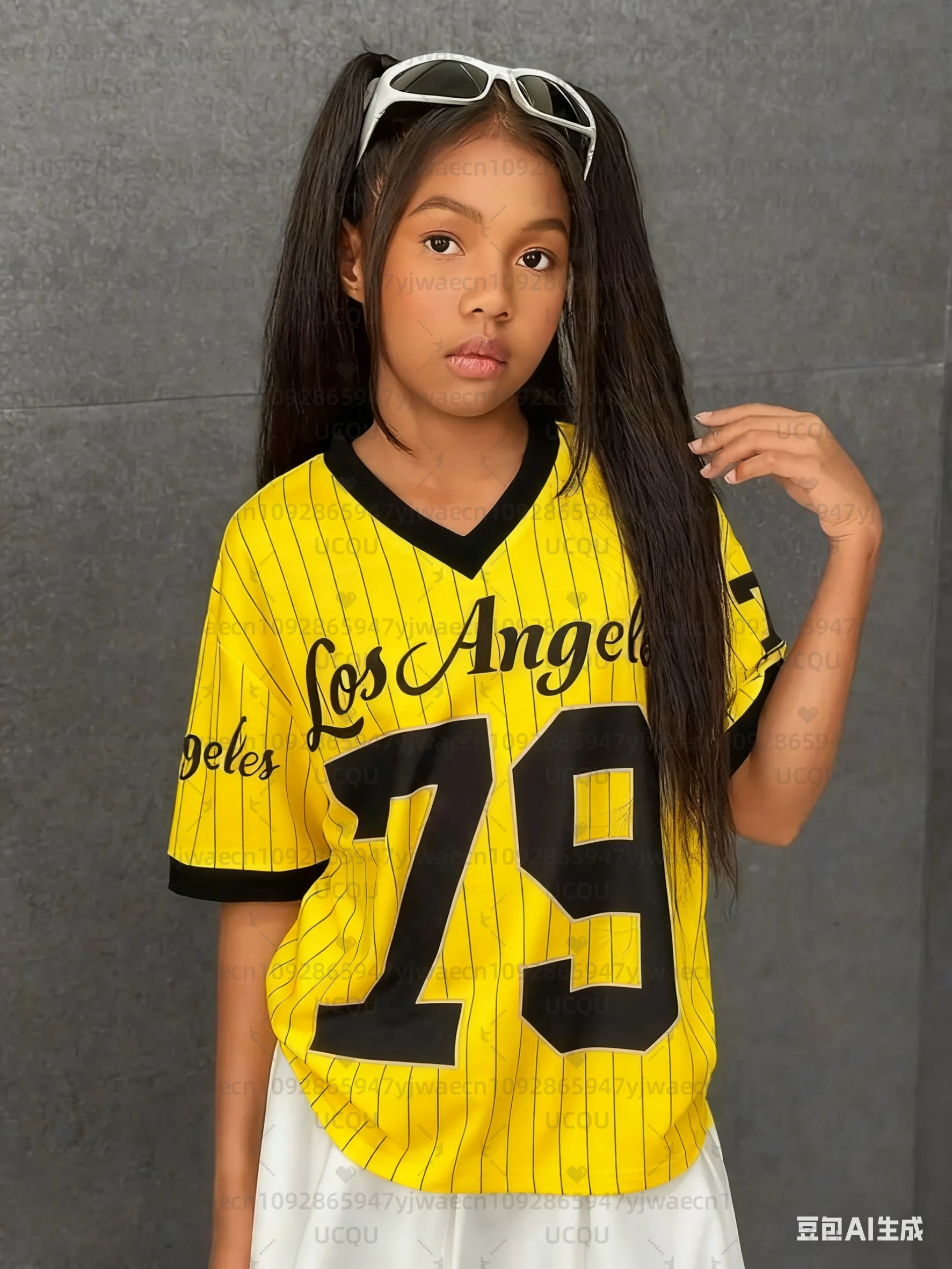Girls Casual Sports Style Los Angeles NO.79 Print Short Sleeve V-Neck Women's Children Men's T-shirt Tops - Image 2