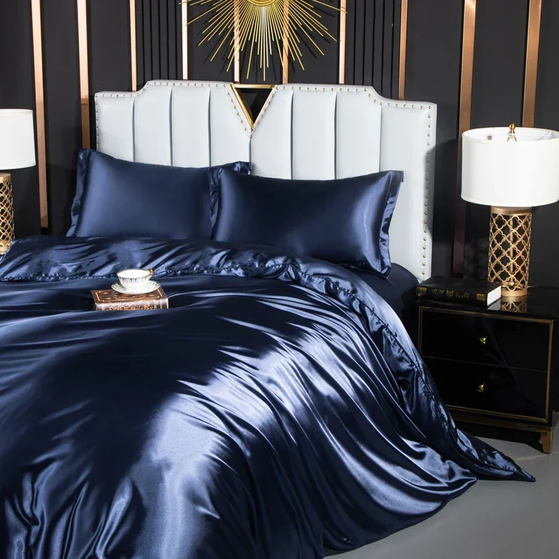 Solid Silk Bedding Set with Duvet Cover Fitted/Flat Bed Sheet Pillowcase Luxury Couple Bedsheet King Queen Double Twin Size - Image 6