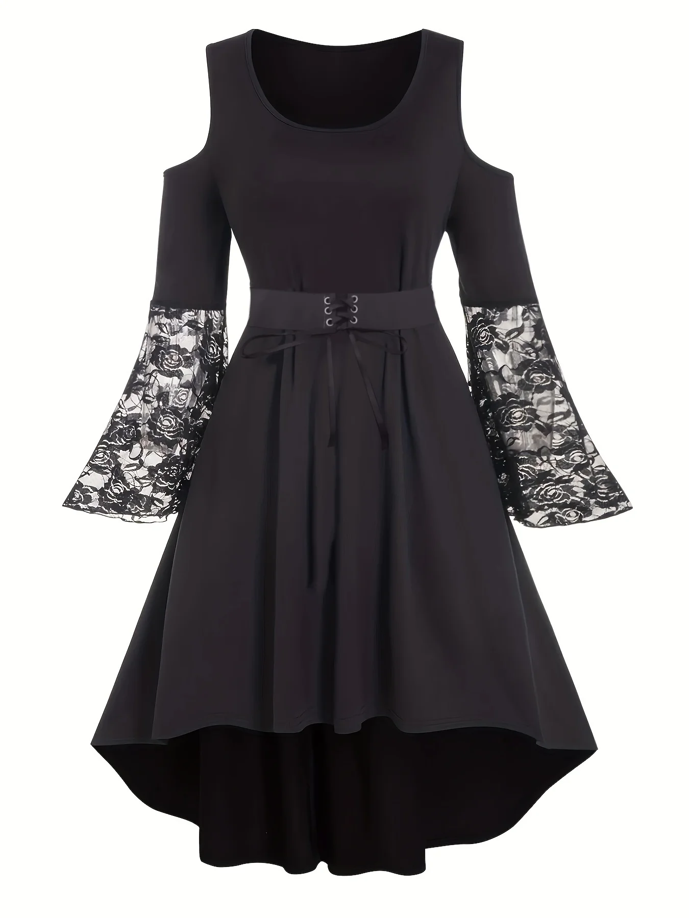 Plus Size Gothic Cold Shoulder Lace Bell Sleeve Midi Dress, Criss Cross Lace Up Waist Asymmetrical High Low Hem Long Sleeve - Image 5