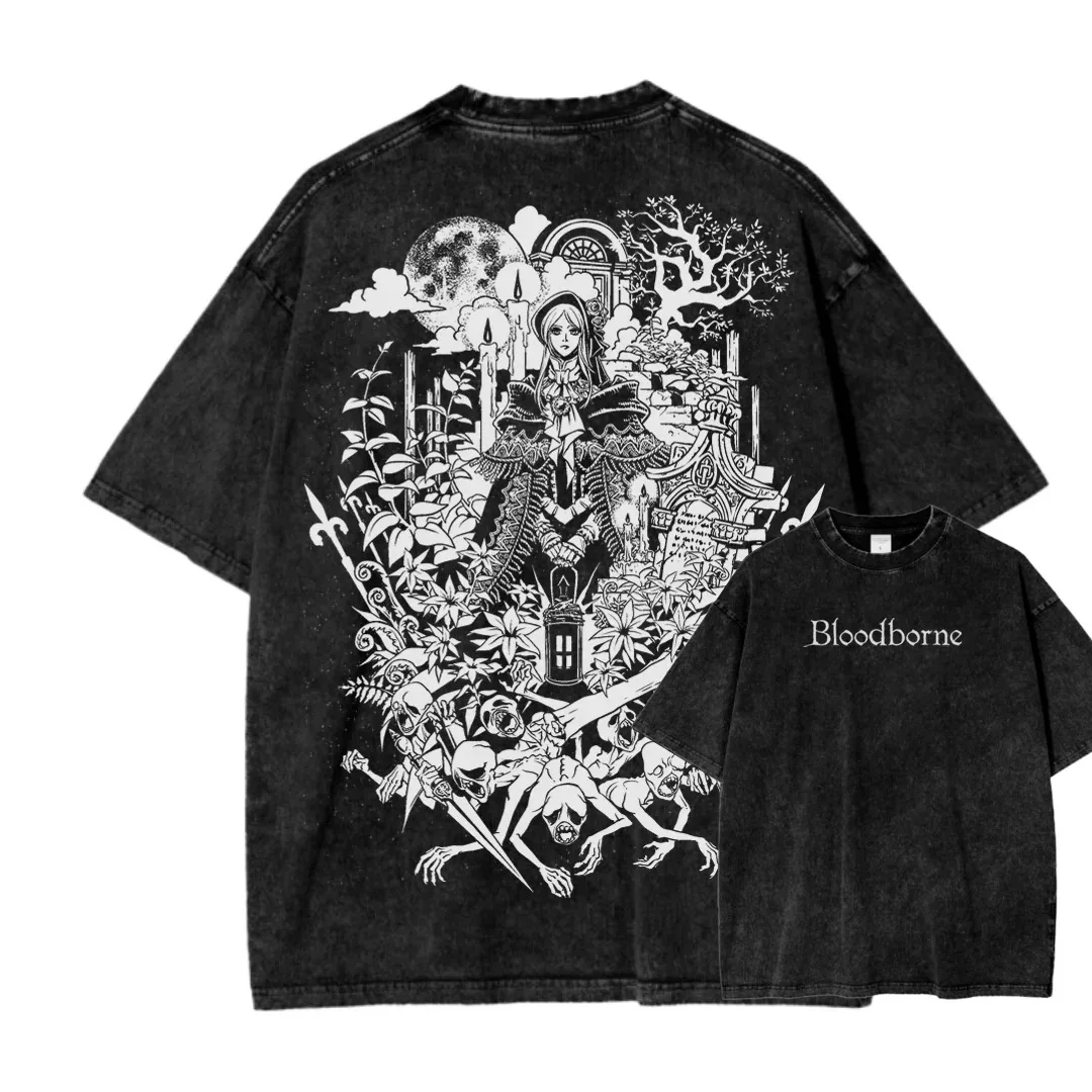 Washed Vintage Bloodborne T Shirt Men Women Beast Wolf Red Moon Horror Gothic Dark Game Graphic Cotton Unisex Streetwear Tee - Image 2