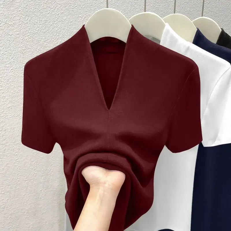 Women Threaded New Summer Short Sleeved Top for Fashion Versatile Base Shirt Plus Size Slim Fit V-neck Casual and Sexy T-shirt - Image 3