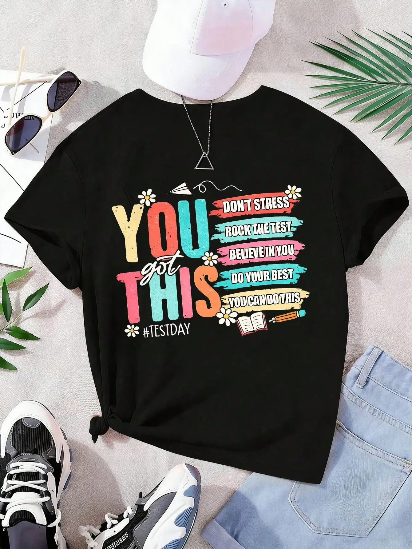 Girls & Teenagers Students Casual Printed Black Crew Neck Short Sleeve T-Shirt Top, Summer - Image 6