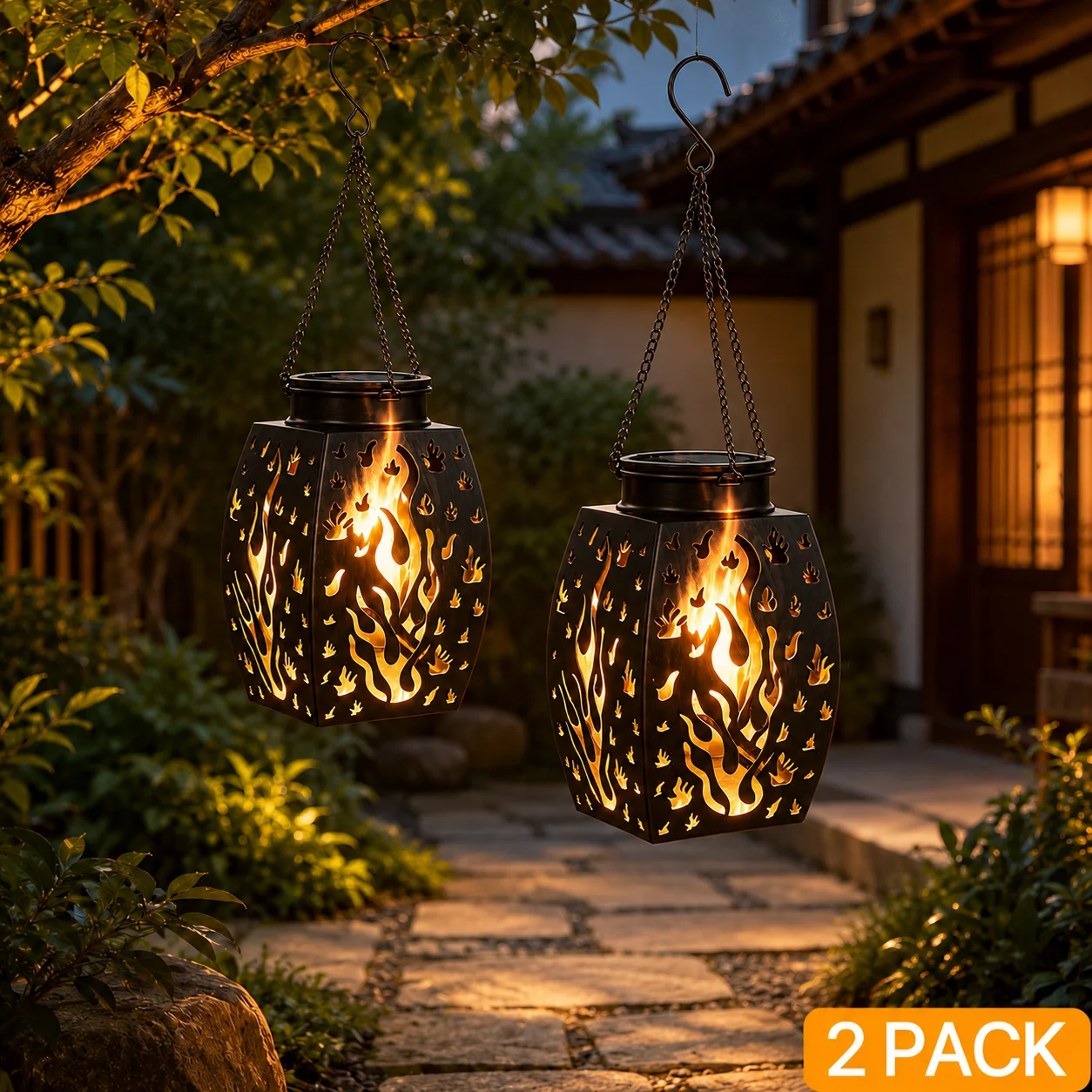 16 Inch 2 Pack Bronze Solar Hanging Lantern Flickering Flame Light Outdoor Waterproof Metal Lamp Landscape Lighting For Garden Patio Yard Pathway Home Decor Gift Families Halloween Christmas