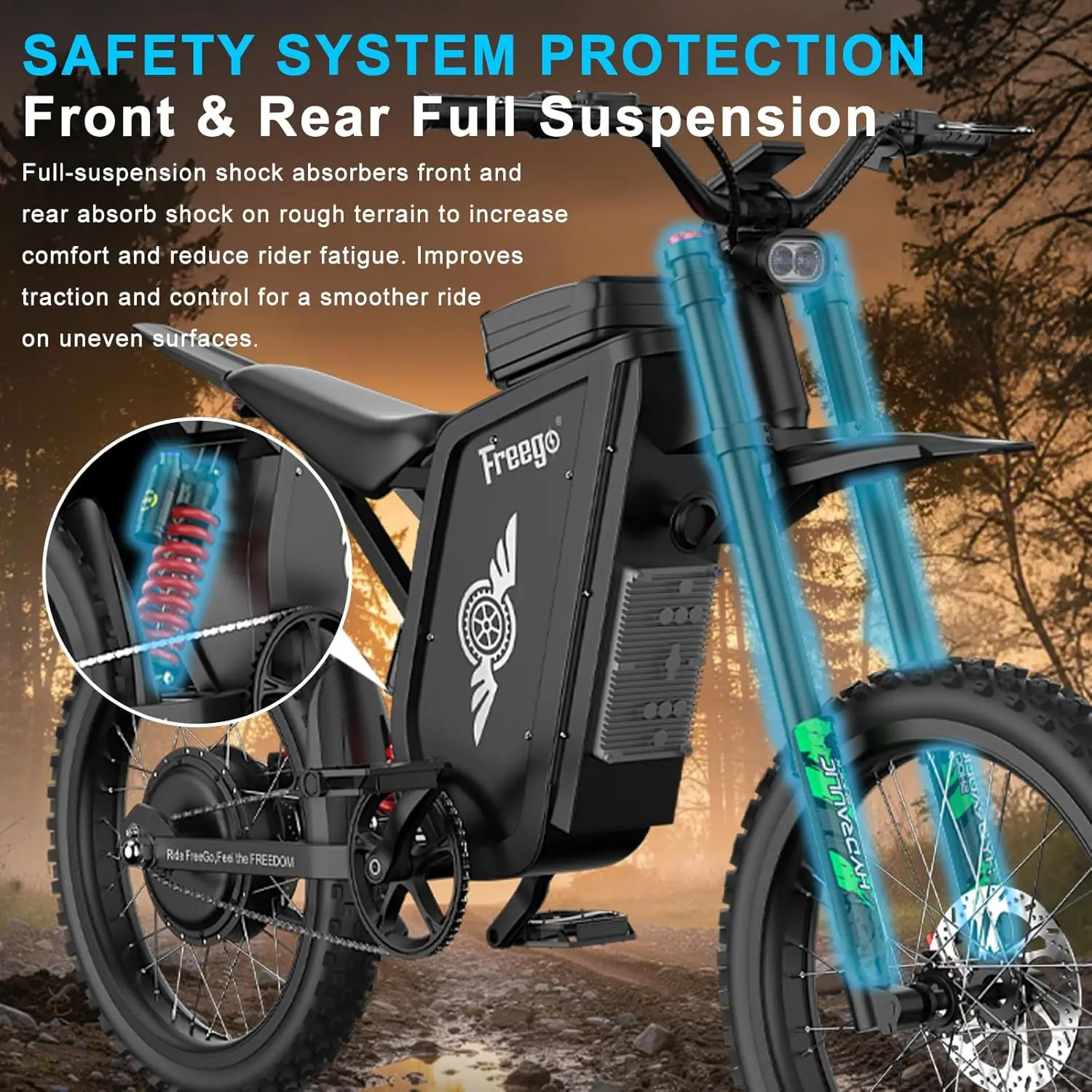 Freego Electric Dirt Bike for Adults X3 Electric Mountain Bike 8000W Motor 72V,50AH Battery Ebike Speed 56 MPH Electric Bicycle - Image 3