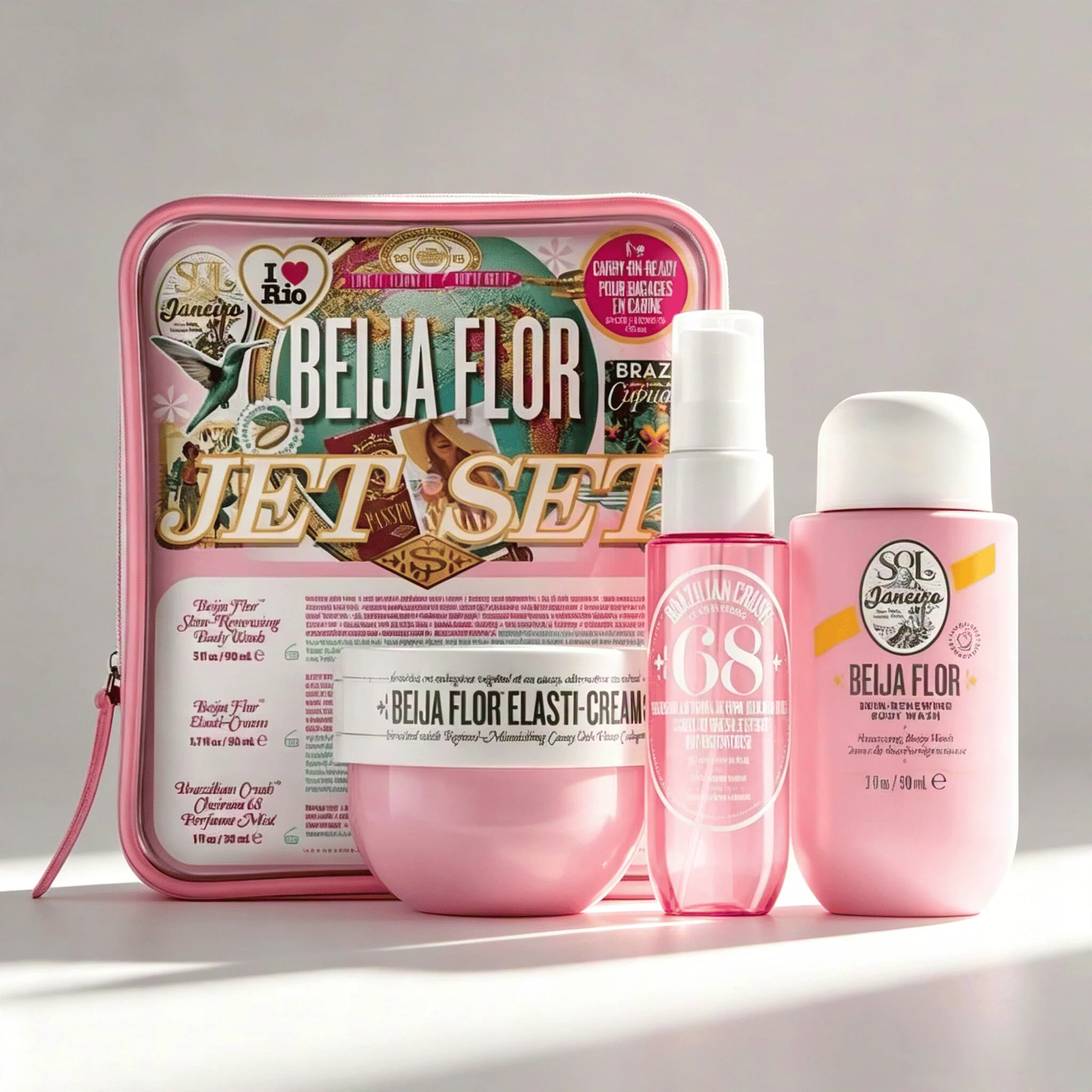 Sol De Janeiro Beija Flor Jet Set Travel Perfume Gift Set for Women Cheirosa 68 Sweet Jasmine Vanilla Warm Gourmand Scent Portable Mini Body Mist Firming Cream Body Lotion Complete Pink Storage Bag Perfect Valentine Holiday Perfume Gift for Ladies - Image 5
