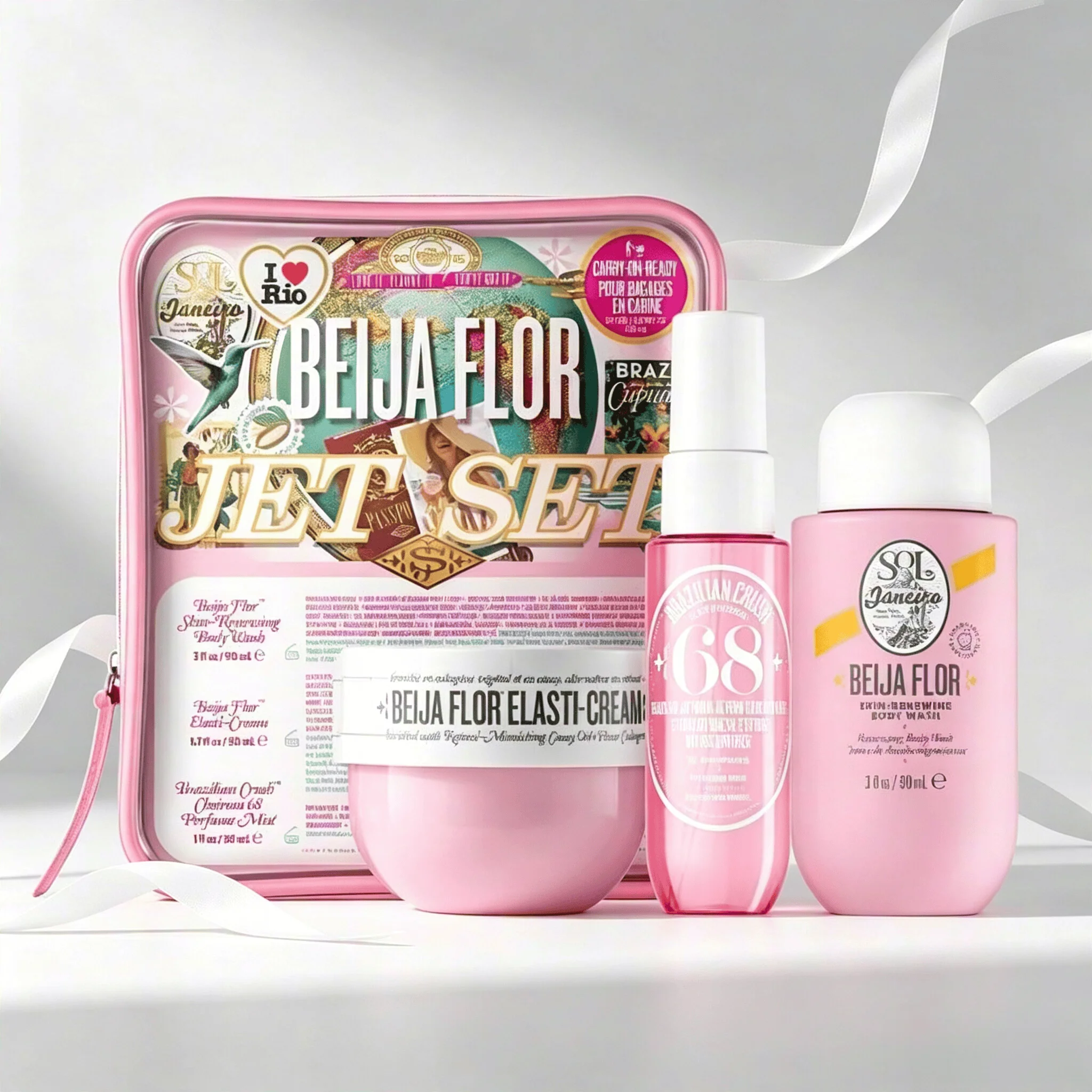Sol De Janeiro Beija Flor Jet Set Travel Perfume Gift Set for Women Cheirosa 68 Sweet Jasmine Vanilla Warm Gourmand Scent Portable Mini Body Mist Firming Cream Body Lotion Complete Pink Storage Bag Perfect Valentine Holiday Perfume Gift for Ladies