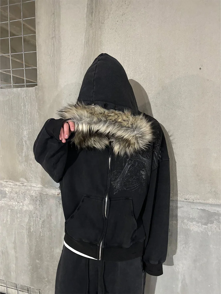 Autumn Winter Y2k Women Aesthetic Harajuku Faux Fur Collar Hoodies Clothes Graphic Hip Hop Punk Gothic Zip Up Hoodies 2026 New
