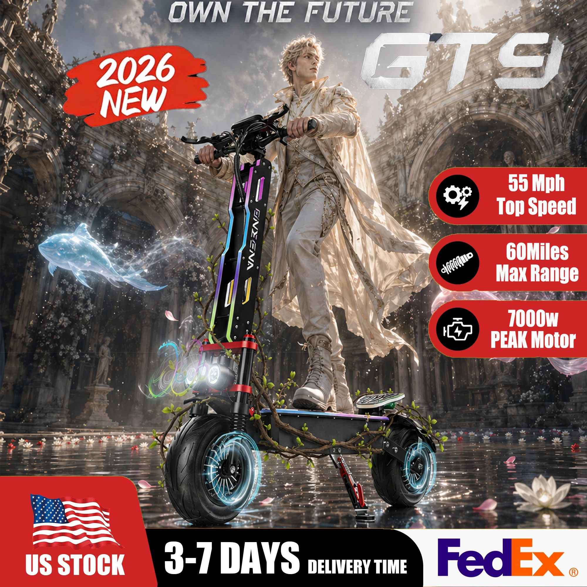 ONECNA NEW GT9 7000W High-Performance Adult Electric Scooter with Dual Motor Drive, angel Eye Headlights, UL Certified Off-Road Scooter, Electric Bicycle, 55 MPH Top Speed, 60V Large Battery, 70 Mile Range, 12 inch Vacuum Tire