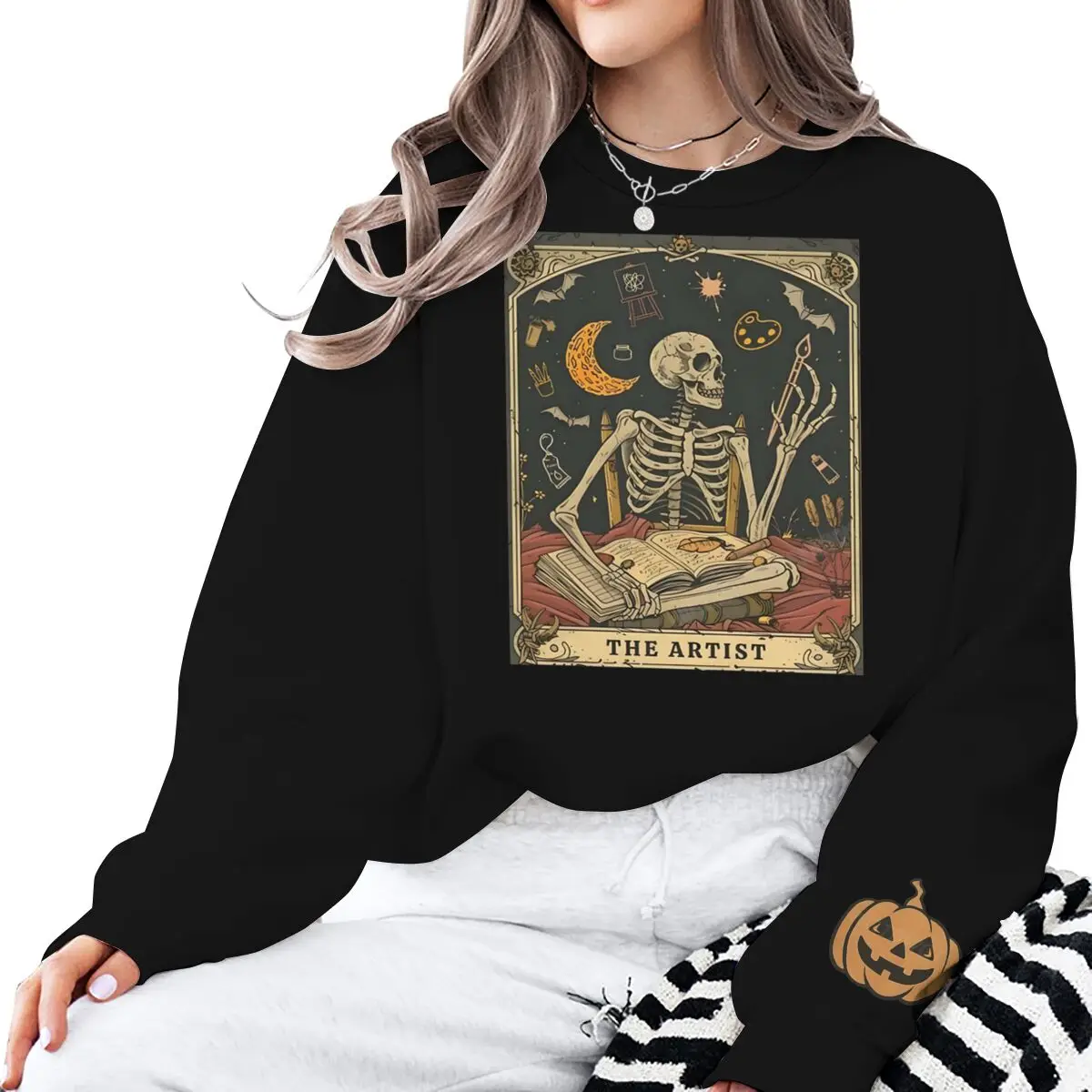 Halloween Skeleton Lovers Card Print Sweatshirt Women's Crew Neck Spooky Season Tops Long Sleeve Vintage Halloween Sweatshirts - Image 2