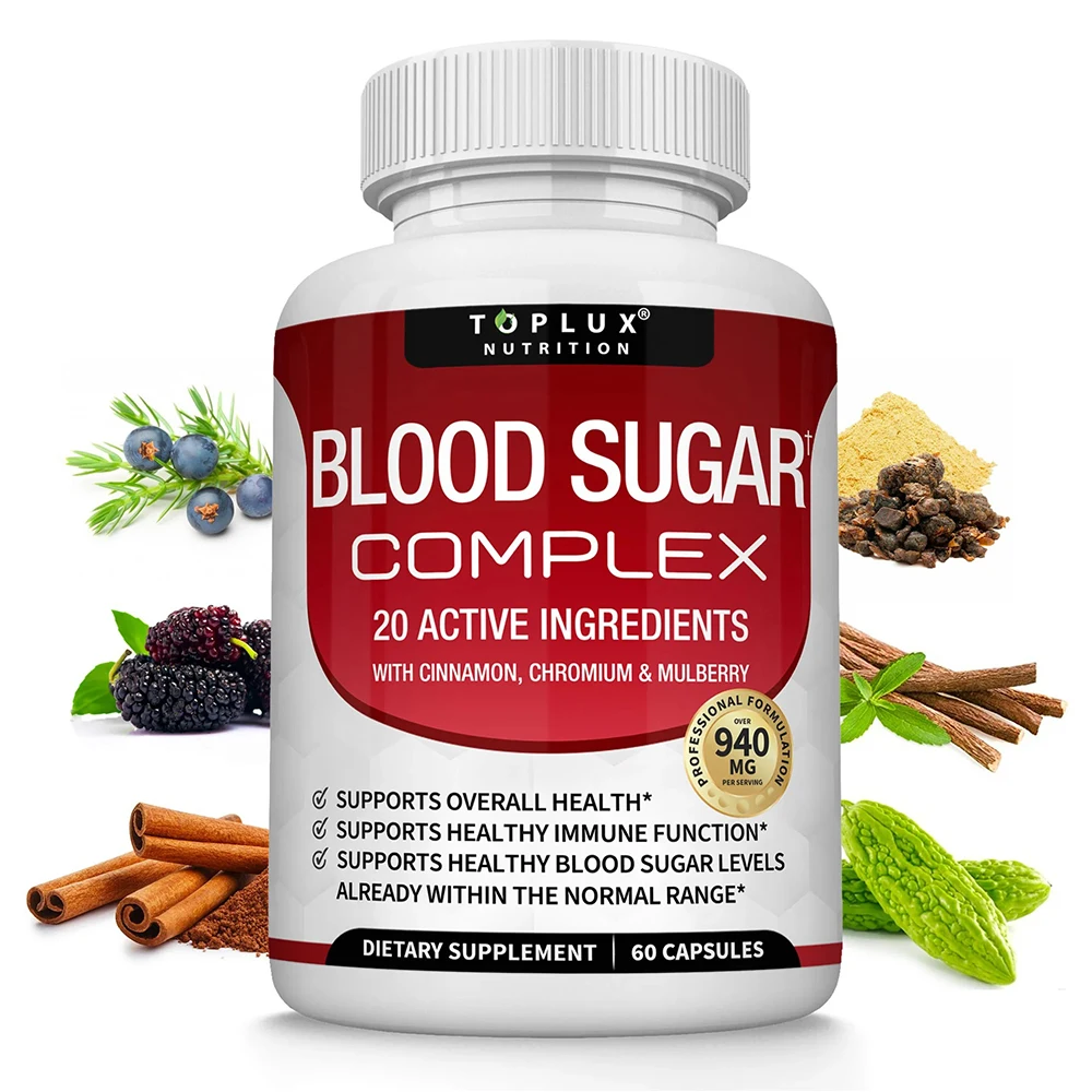 Premium Natural Blood Sugar Complex Supplement for Men & Women - Naturall 20 Herbs and Vitamins with Cinnamon Non-GMO, Vegan