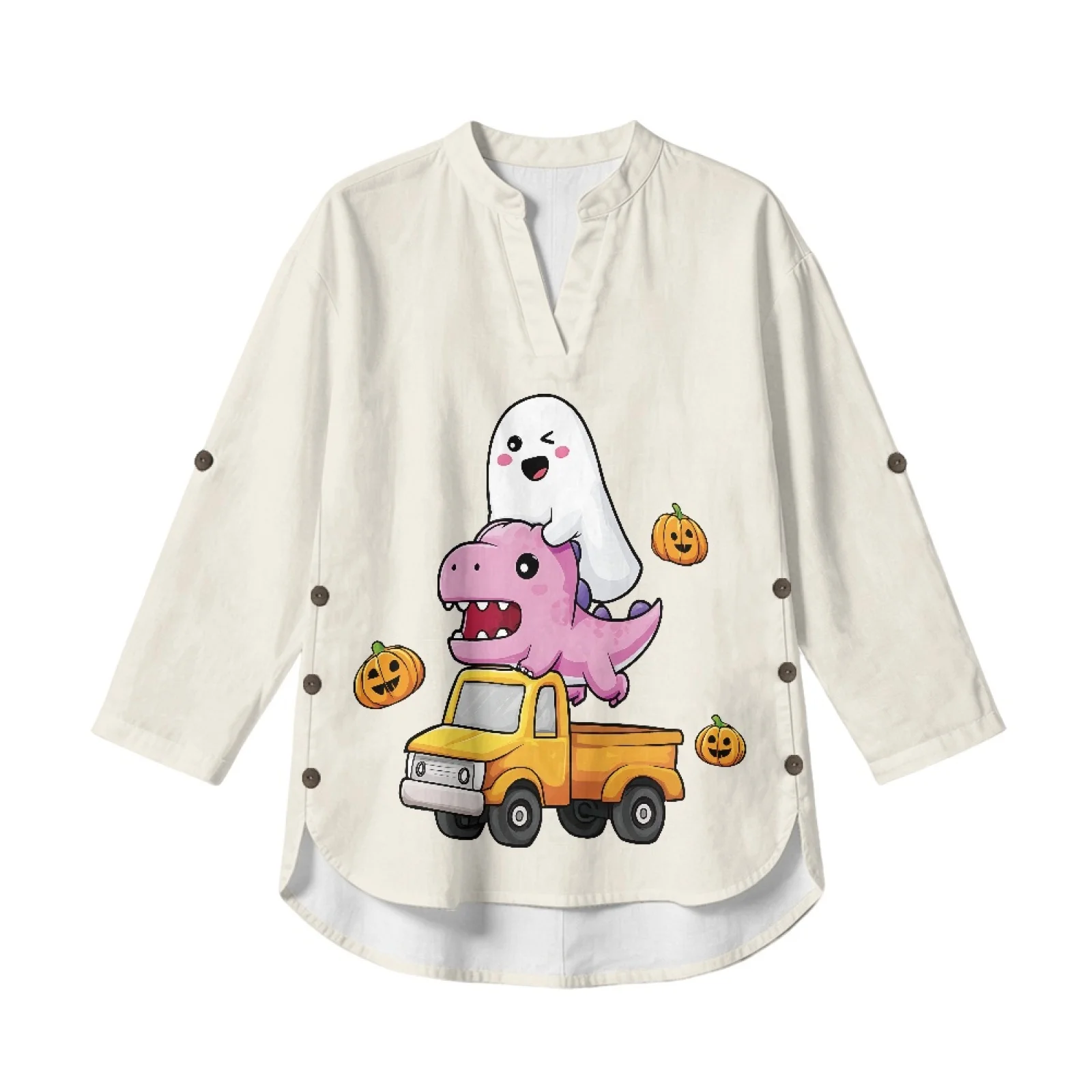 INSTANTARTS Women's Linen V-Neck Shirt Short Woman plus size clothing Sleeve T-shirts Women Poleras Blusas Autumn Solid Color - Image 2