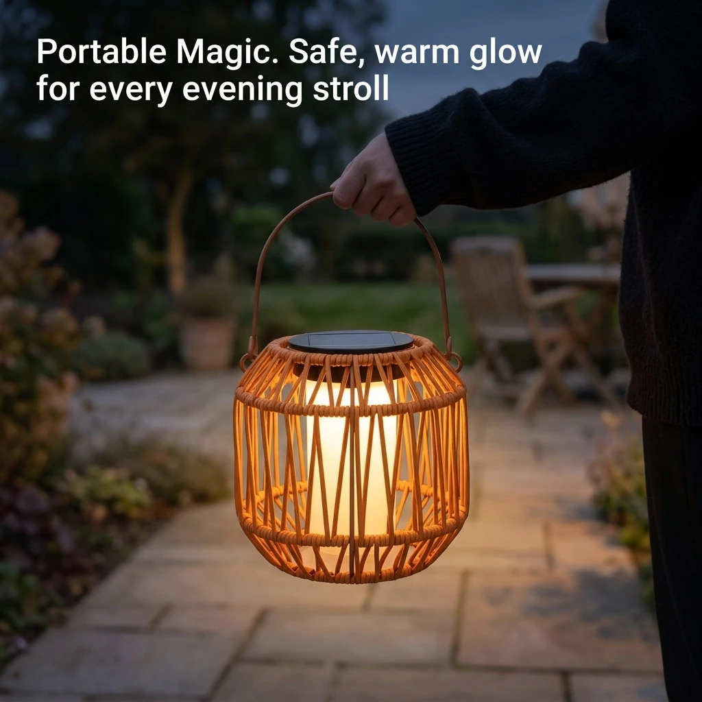 1/2Pc Solar Outdoor Lantern Simulated Flame Effect Auto Sensor Wireless Portable Lighting Vintage Bionic Rattan Woven IP65 All-Weather Waterproof 360° Landscape Light Courtyard Garden Decor With Hanging Handle Perfect Kids Gift