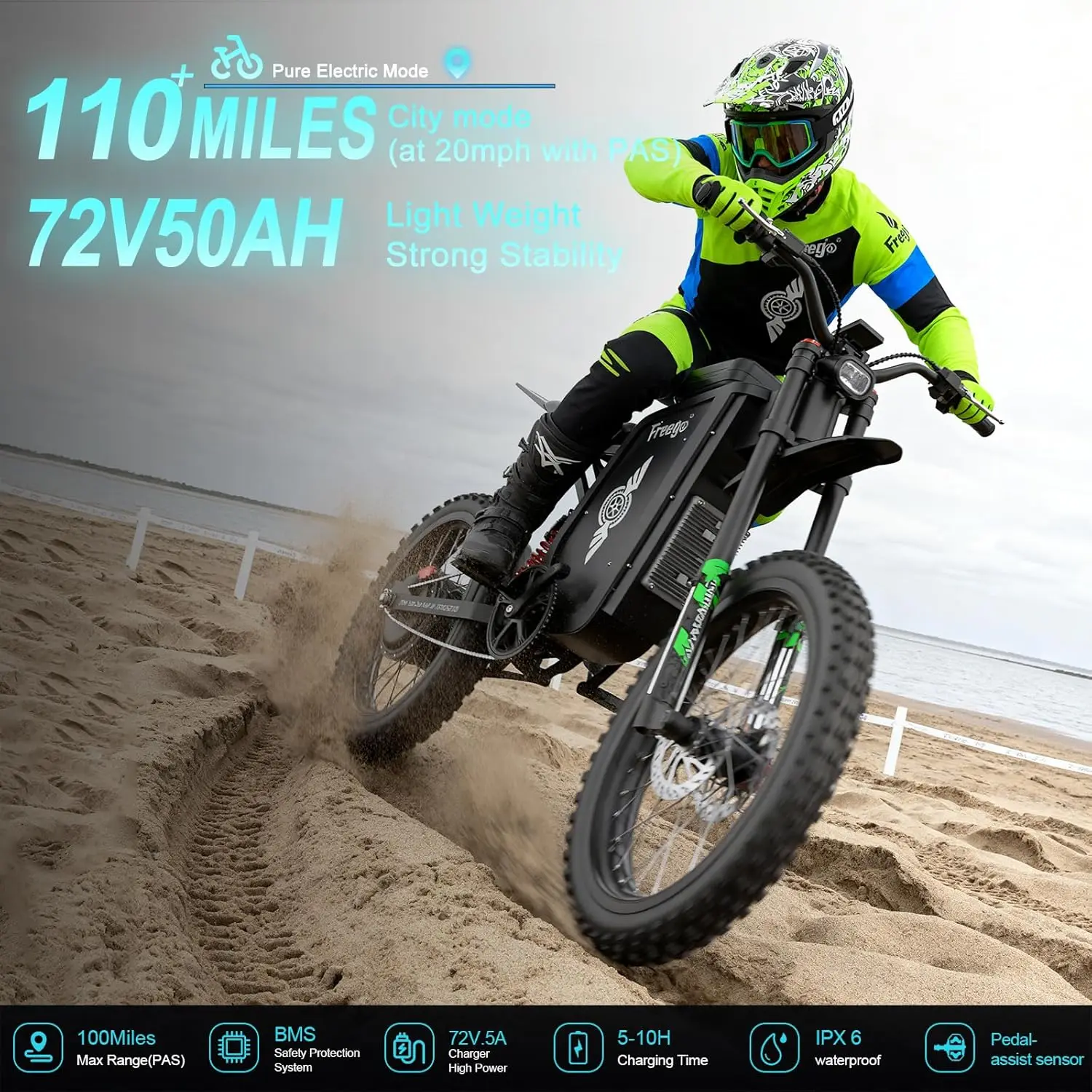 Freego Electric Dirt Bike for Adults X3 Electric Mountain Bike 8000W Motor 72V,50AH Battery Ebike Speed 56 MPH Electric Bicycle - Image 2