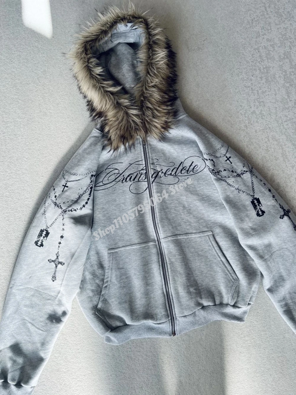 American Style Retro Fashion Streetwear Women's Gothic Punk Faux Fur Hooded Jacket Cross Print Trendy Edgy Zip - Up Sweatshirt - Image 4