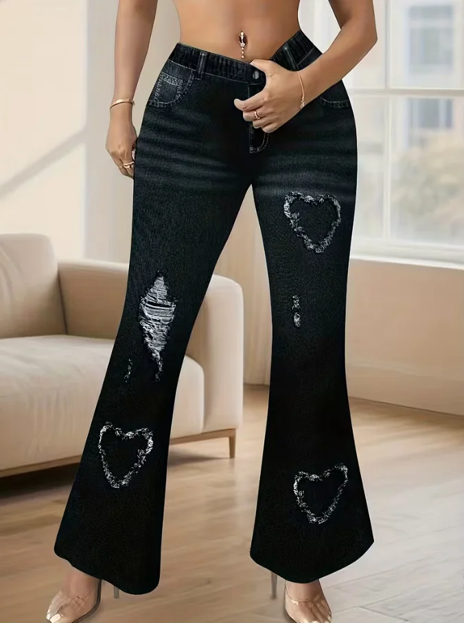 Retro Plus Size Flare Pants, Y2K Heart Print Bell Bottom Leggings, High Waist Stretchy Chic Trousers for Streetwear - Image 3