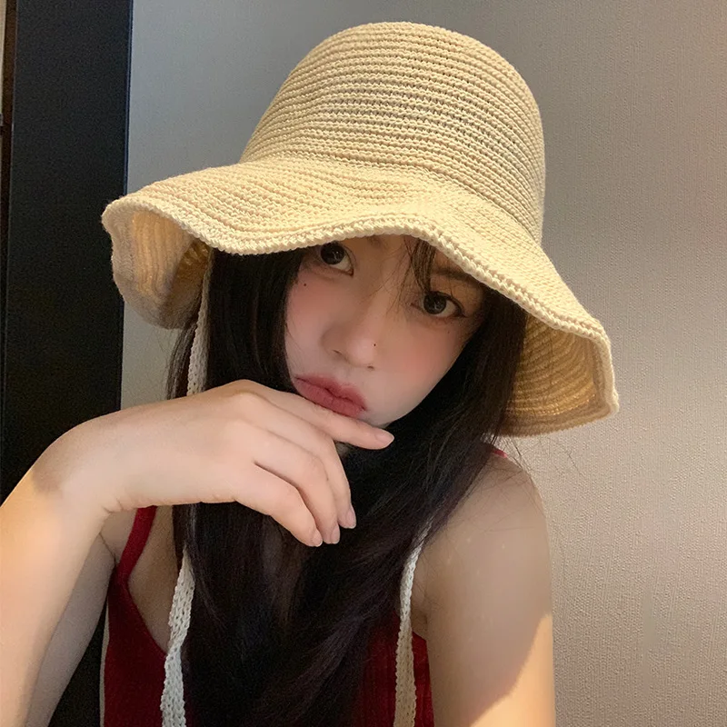 Summer Straw Sun Hat for Women Japanese Cute Strap Cap Summer Travel Versatile Sunscreen Wide Brim Bucket Hats - Image 3