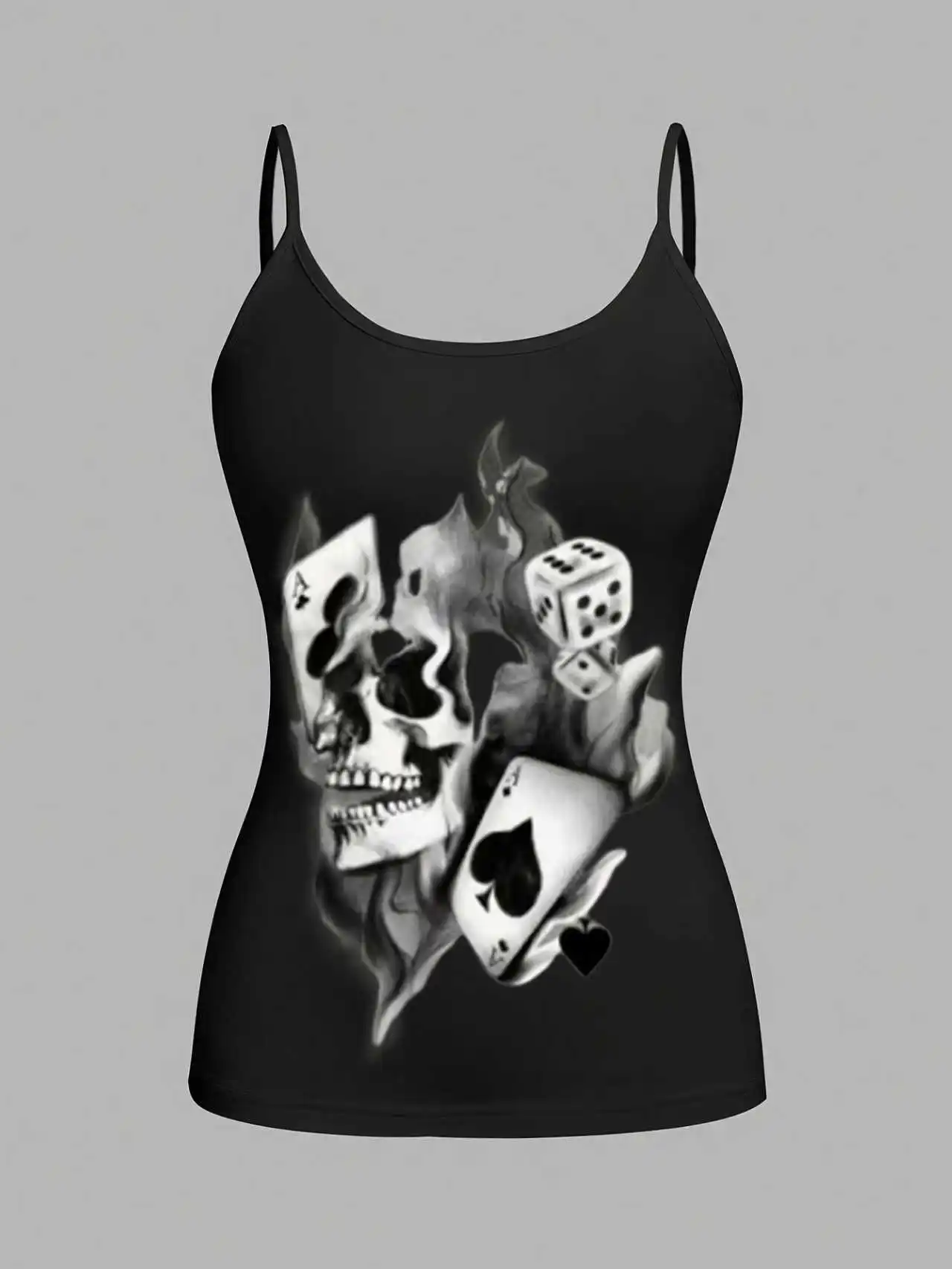 Plus Size Women's 3 Piece Skull & Poker Print Spaghetti Strap Tank Top Set - Image 4