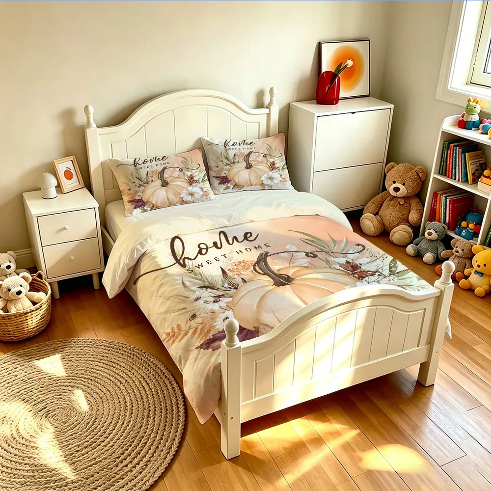 Vintage Fall Pumpkin Home Sweet Home 3Pcs Duvet Cover Set Floral Harvest Bedding Set Soft Farmhouse Bedroom Decor - Image 2