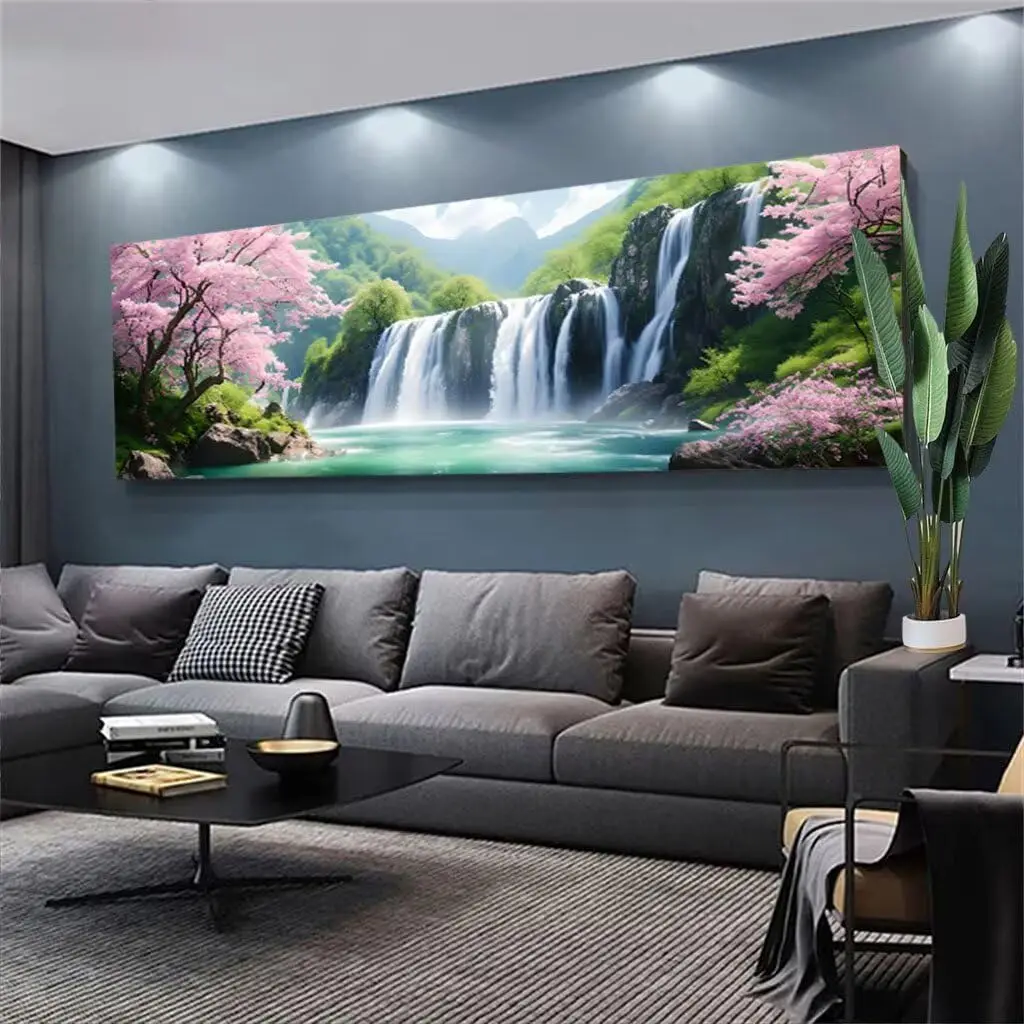 Large Diamond Painting Waterfall Diamond Art Kits for Adults,5D Diamond Art Painting Cherry Blossoms Diamond Painting Kit,DIY Paint with Diamonds Pictures Gem Art Paintings 24x72inch,Room Decor H1-744 60x180cm - Image 3