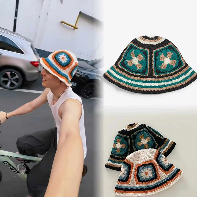 Winter Colorful Handmade Basin Hat Women Men Crochet Bucket Hat Panama Cap Rainbow Flower Knitted Hat Korean Style Beanies