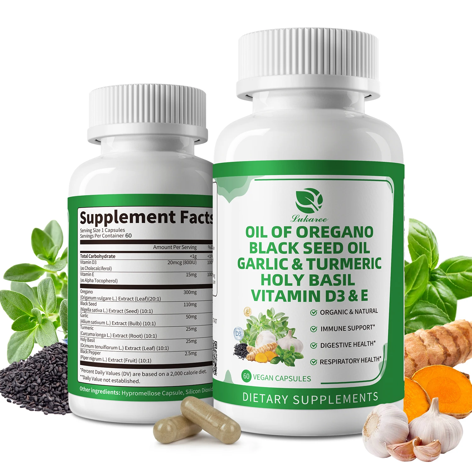 Lukaree Oregano Oil Capsules with Garlic,Turmeric,Holy Basil for Better Absorption Immune, Digestive & Respiratory Vegan,Non-GMO