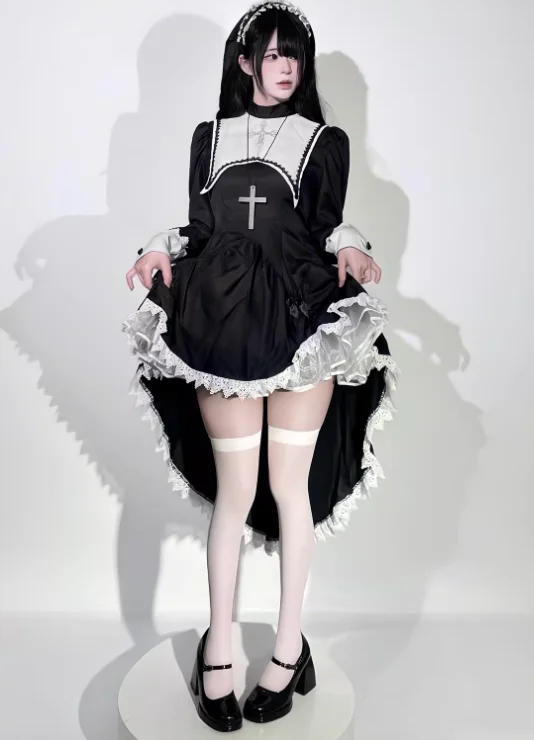 Plus Size Temperament Japanese Gothic Punk Subculture Dark COS Dress Fashion High Waist A-line Halloween Nun Irregular Dresses - Image 5