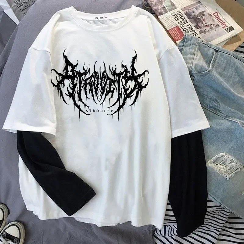 Women Atrocity Print Graphic Fake Two Long Sleeved T-shirts Fashion Gothic Retro Casual Loose Fake Two Long Sleeved T Shirt - Image 4