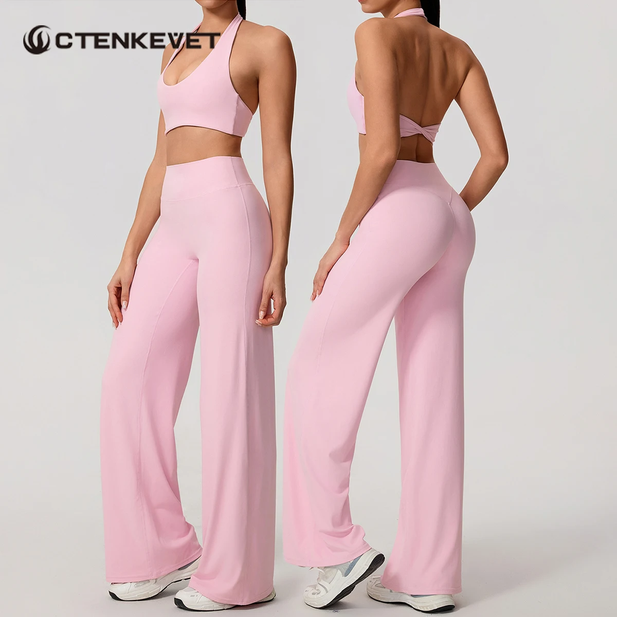 Summer 2Pcs Women's Quick-Dry Sports Set U-Neck Sports Bra Sleeveless Yoga Top Two-Piece Fitness Workout Set with Bell-Bottom