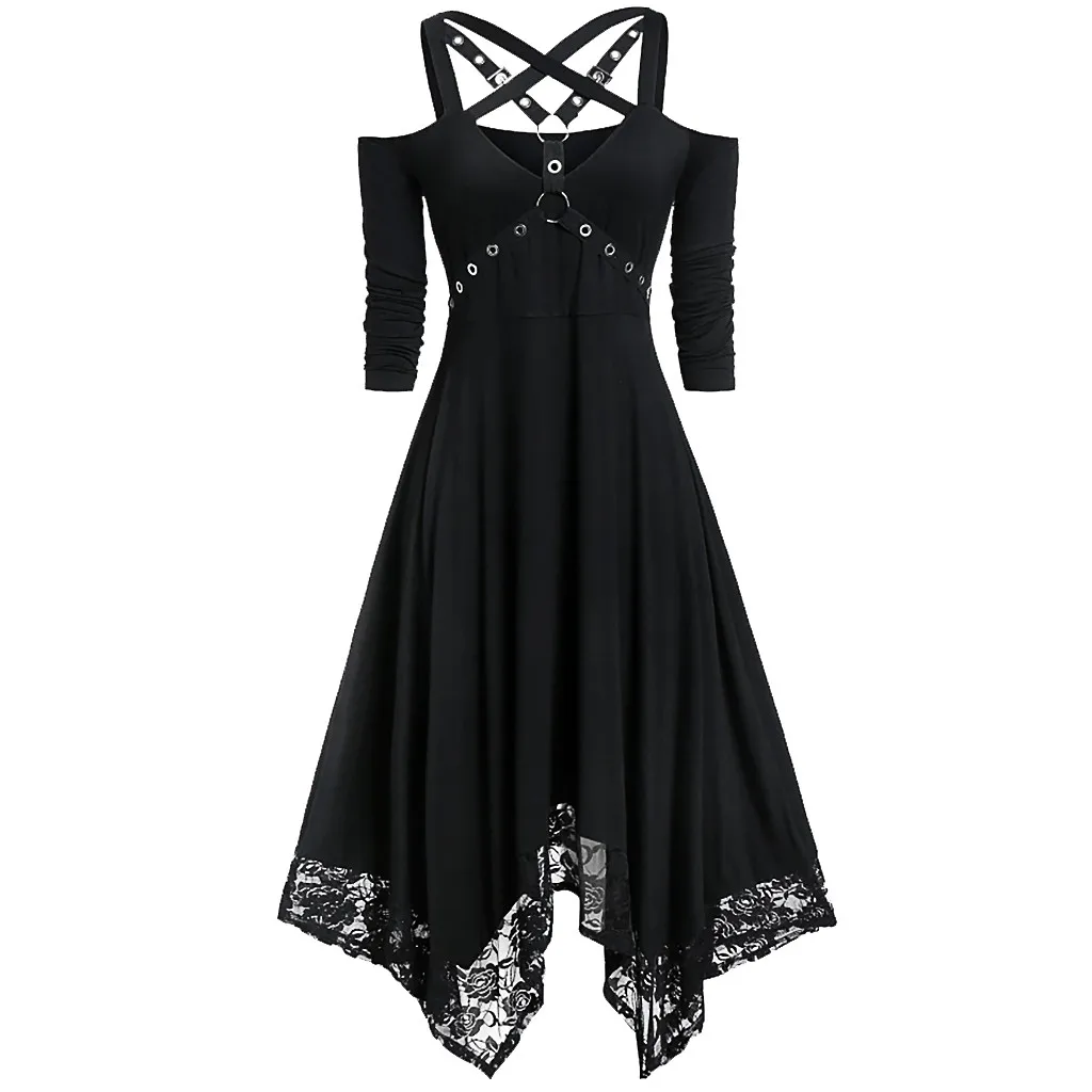 Halloween Plus Size Open Shoulder Elegant Party Dresses For Teens 2024 Lace Half Sleeve Gothic Dress Clothing Female
