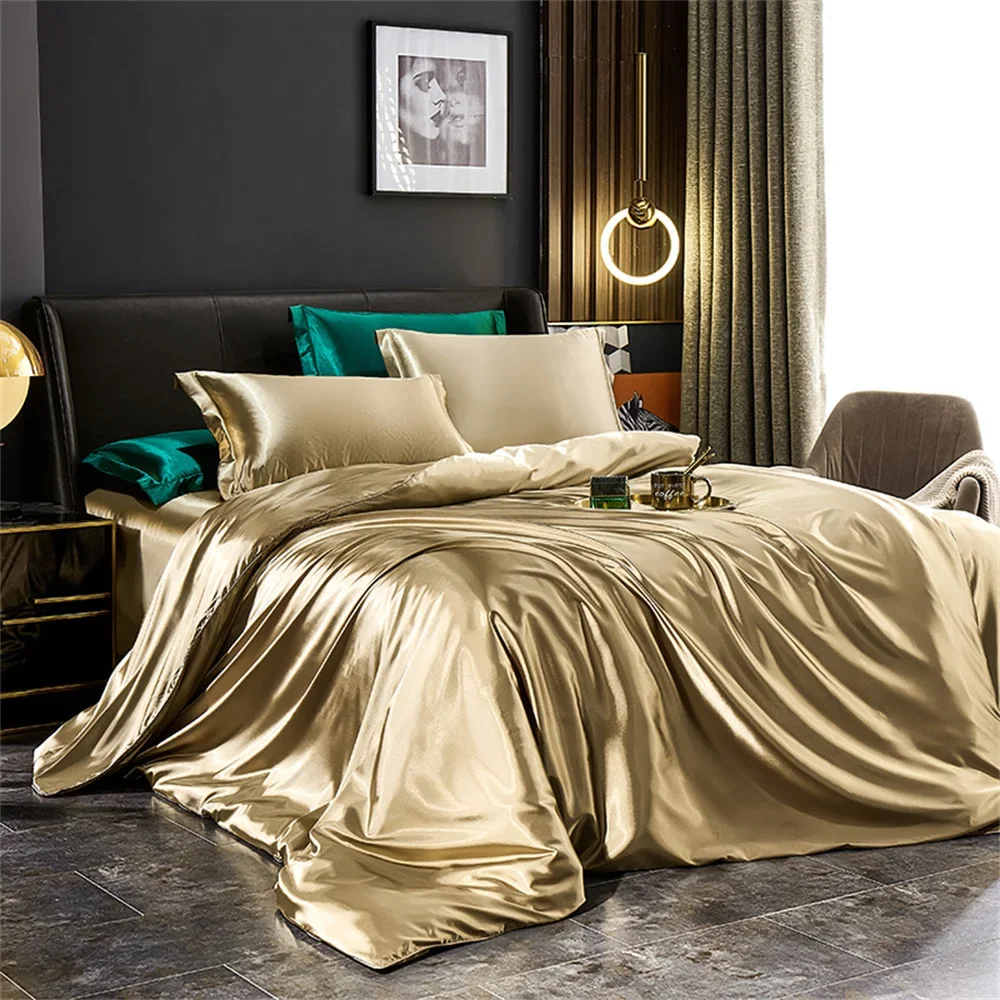 Solid Silk Bedding Set with Duvet Cover Bed Sheet Pillowcases Luxury Satin Single Double Bedsheet King Queen Twin Size - Image 3