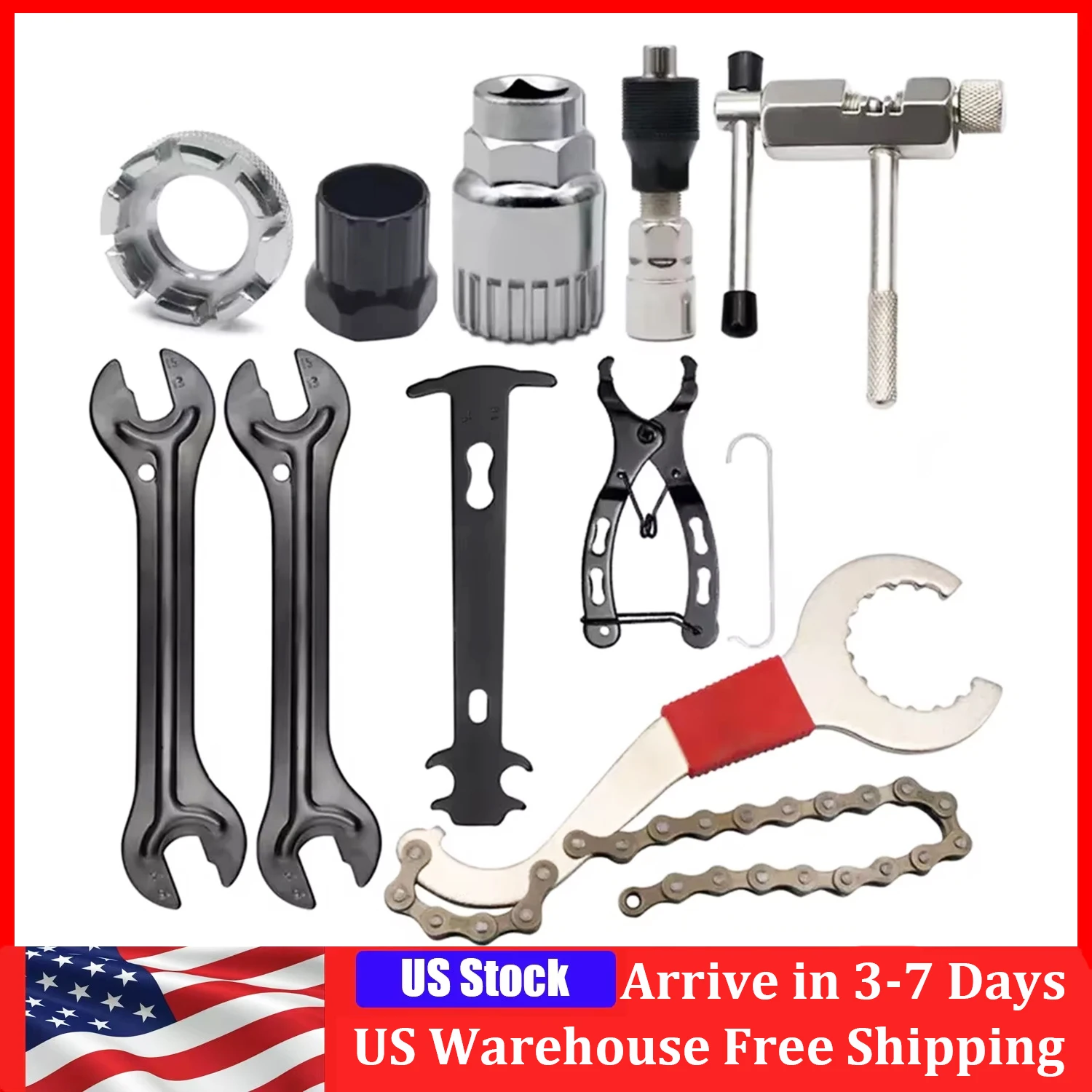 9PCS Bike Repair Tool Kit Crank Chain Cutter Extractor Freewheel Puller Crank Puller Spoke Wrench Complete Bike Maintenance Kits