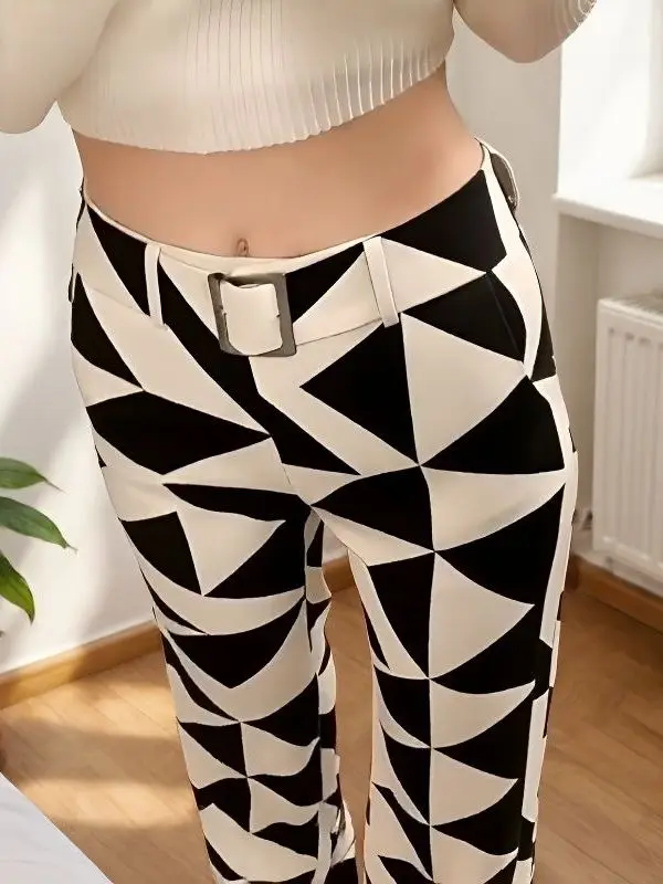 Gothic Style Casual High Waist Slimming Diamond Pattern Bell Bottom Pants plus Size Long Trousers Fashionable All-Match Ladie... - Image 3