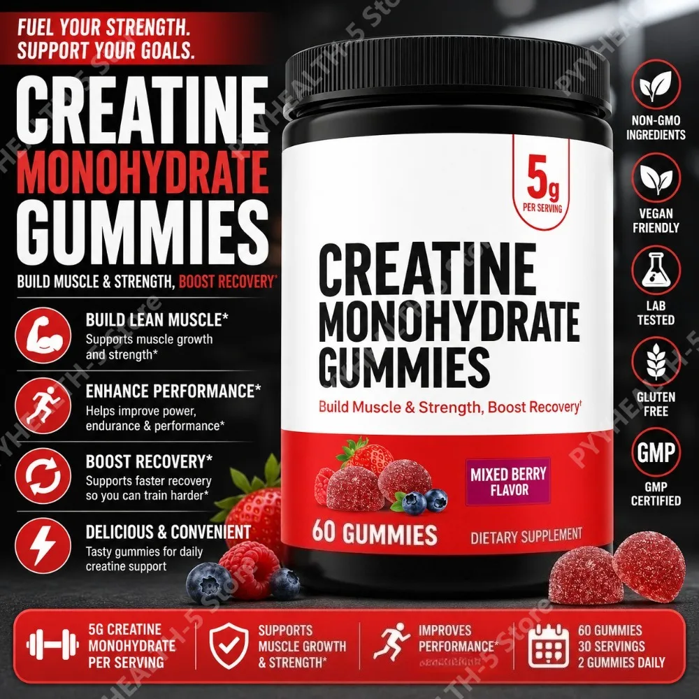 Creatine Monohydrate Gummies Mixed Berry Chewable Daily Fitness Support for Men Women No Gelatin 60 Gummies