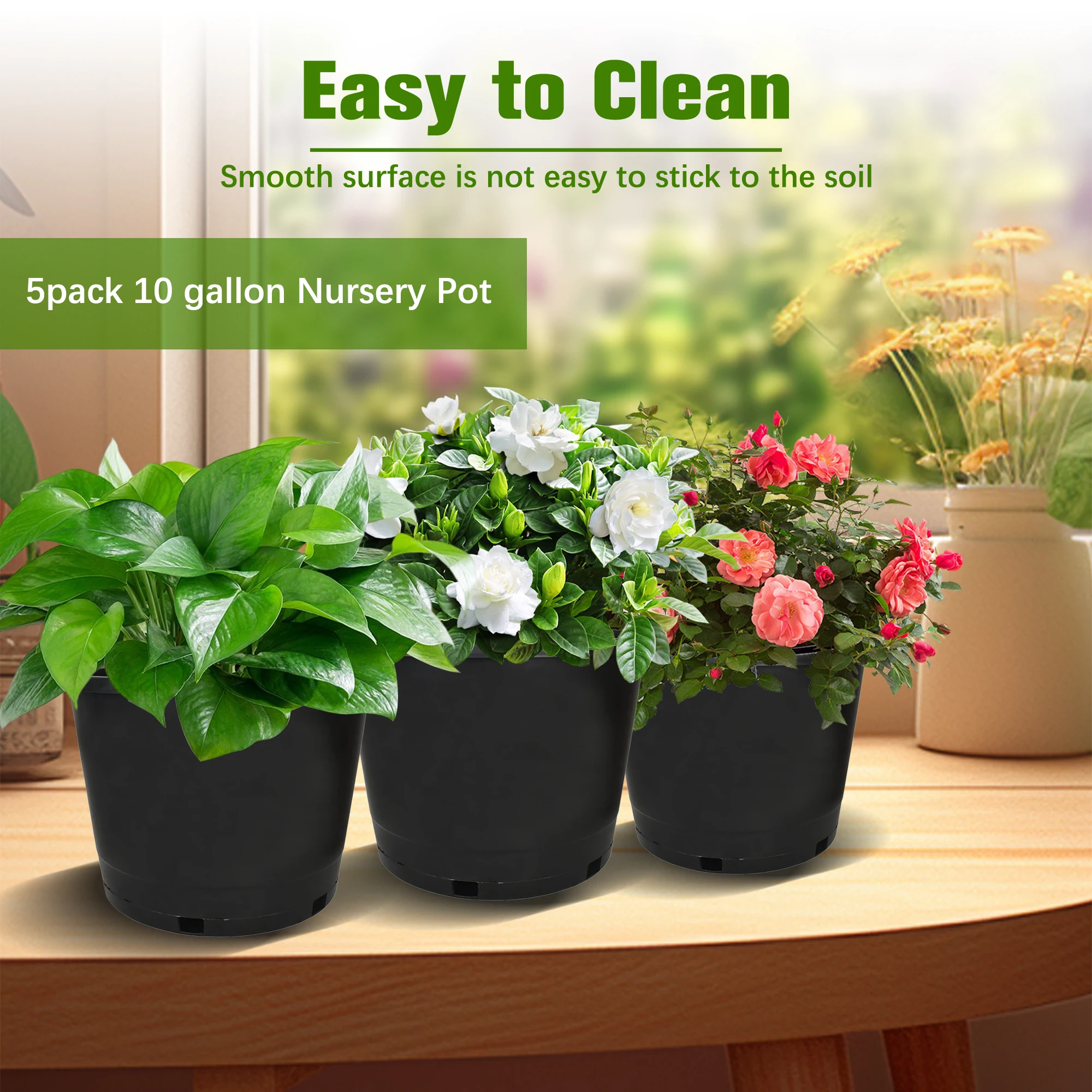 5-Pack 10 Gallon Premium Black Nursery Pot Plant Container Garden Planter Pots (10 Gallon)